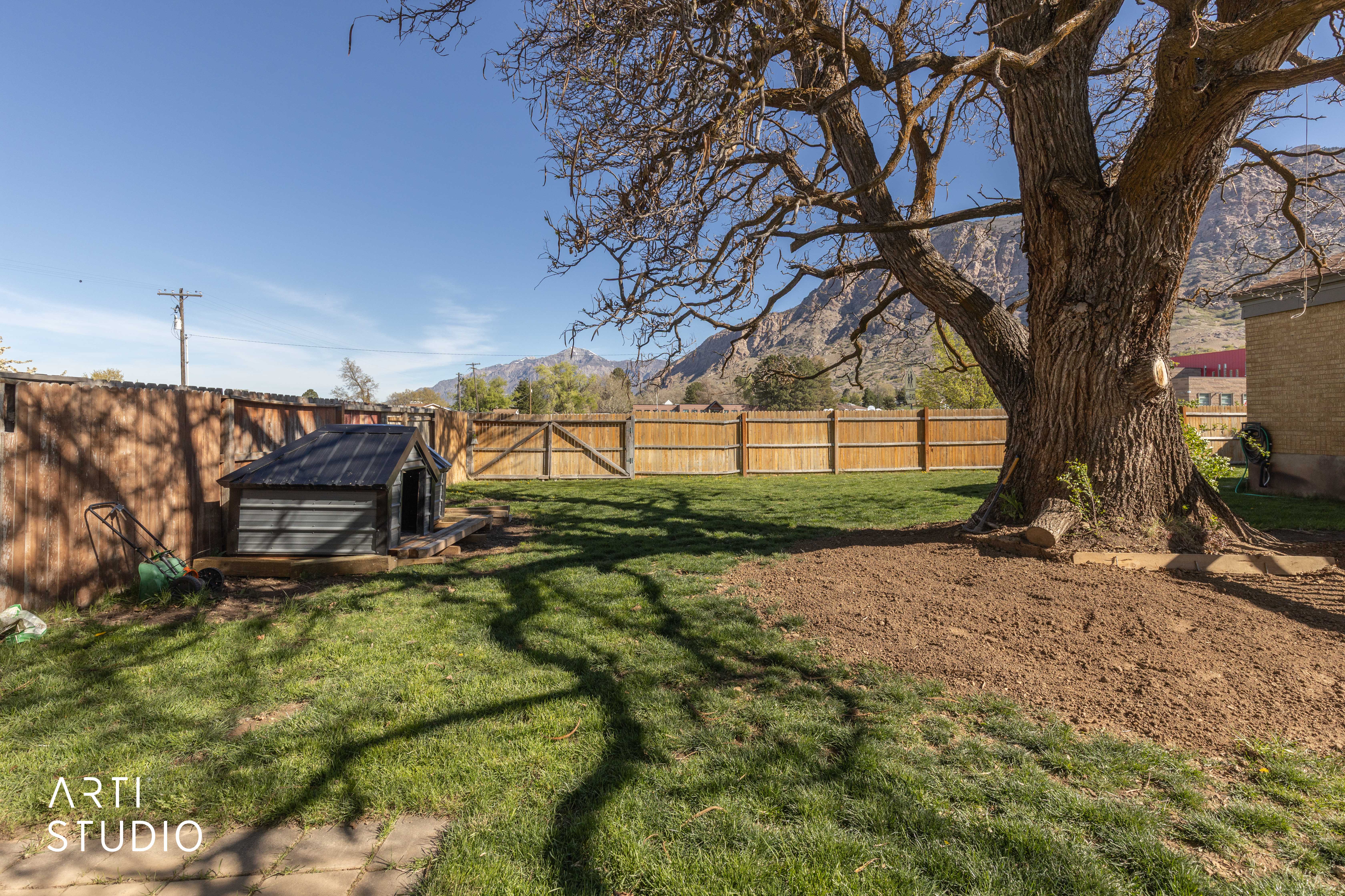 Fenced backyard with a mountain view and a storage shed