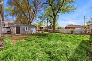 Fenced backyard with an outbuilding and a trampoline