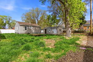 Rear view of house with a fenced backyard, a trampoline, and an outbuilding