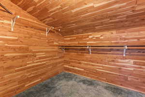 Walk in closet featuring carpet flooring and vaulted ceiling
