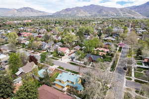 Aerial perspective of suburban area with mountains