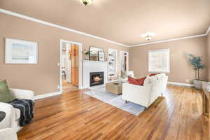 Living room featuring ornamental molding, light wood finished floors, a glass covered fireplace, and built in features