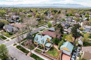 Aerial perspective of suburban area with mountains