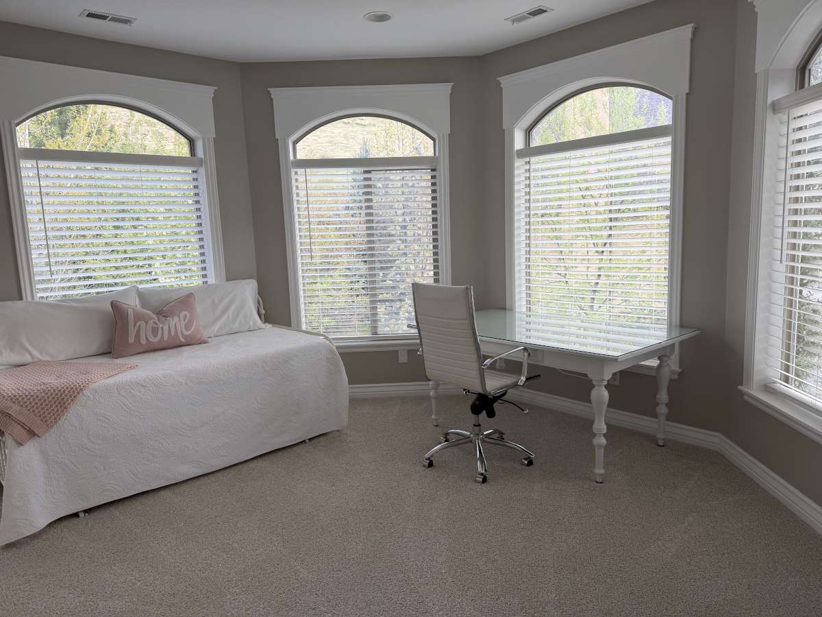 Bedroom with multiple windows and light carpet