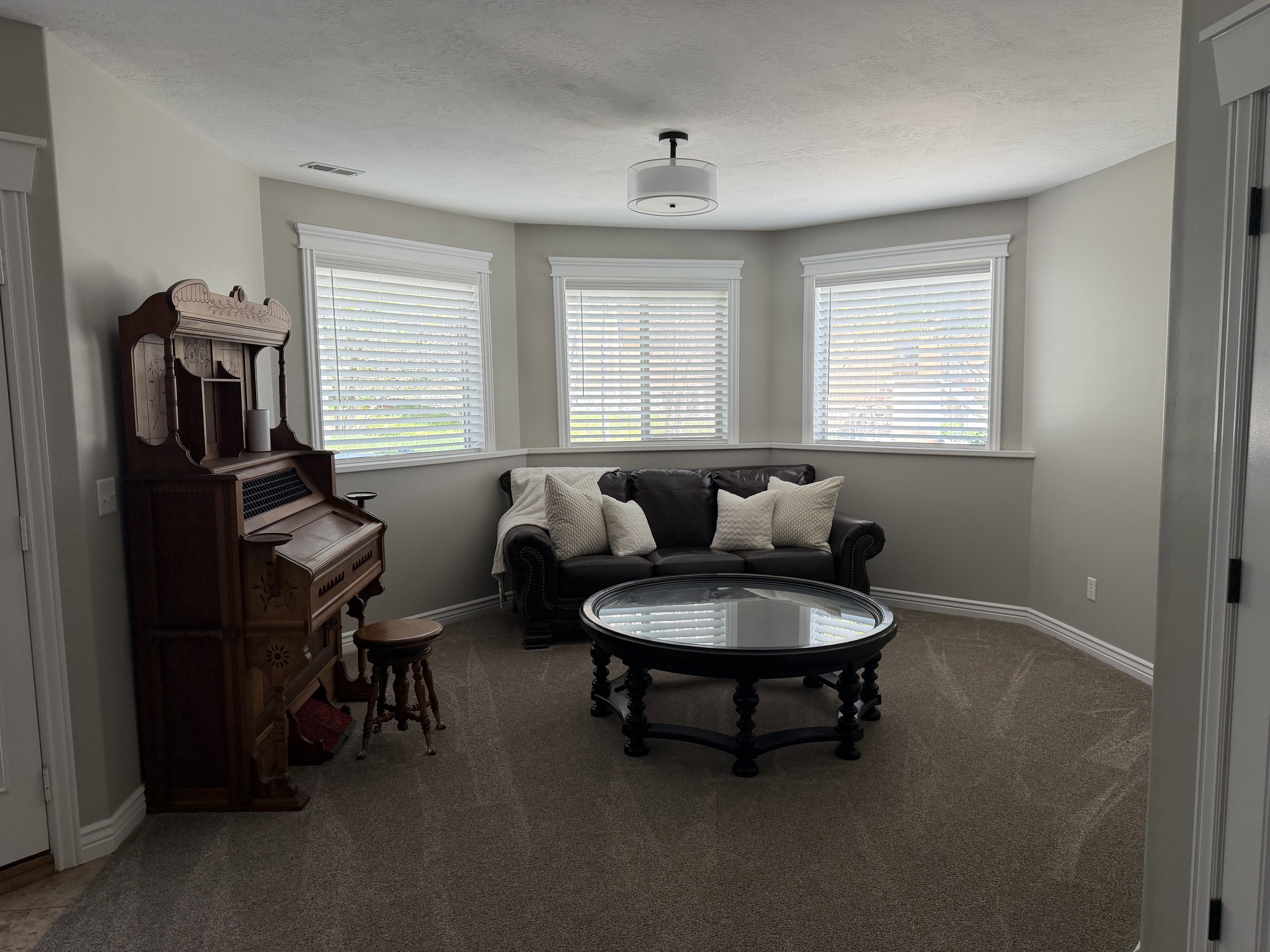 Living area featuring carpet and baseboards