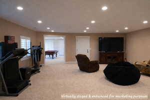 Virtually staged and enhanced for marketing purposes to illustrate potential appearance with carpet installed