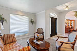 Living area with arched walkways, light colored carpet, crown molding, light tile patterned floors, and a textured ceiling