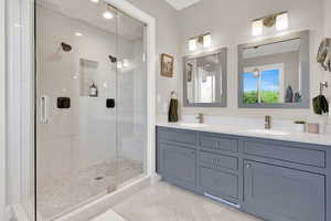 Custom vanity with inset doors and large walk in shower with bench and dual shower heads