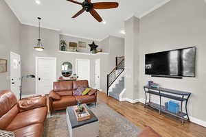 Decorative shelf with tall ceilings and crown moulding
