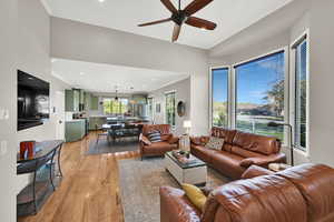 Hardwood hickory flooring and large bay windows