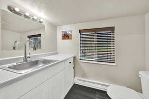 In shop bathroom with large sink, toilet and urinal
