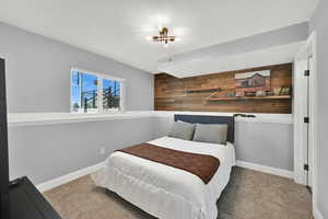 Downstairs bedroom with wall shelf
