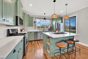 View into kitchen and book nook in island