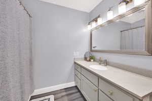 Large vanity and mirror with water resistant LVP flooring