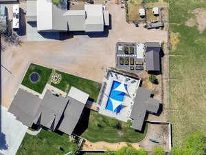 Overhead view of the House, ADU, Pool, Garden Room, Garden, Shop, corrals, and RV Parking