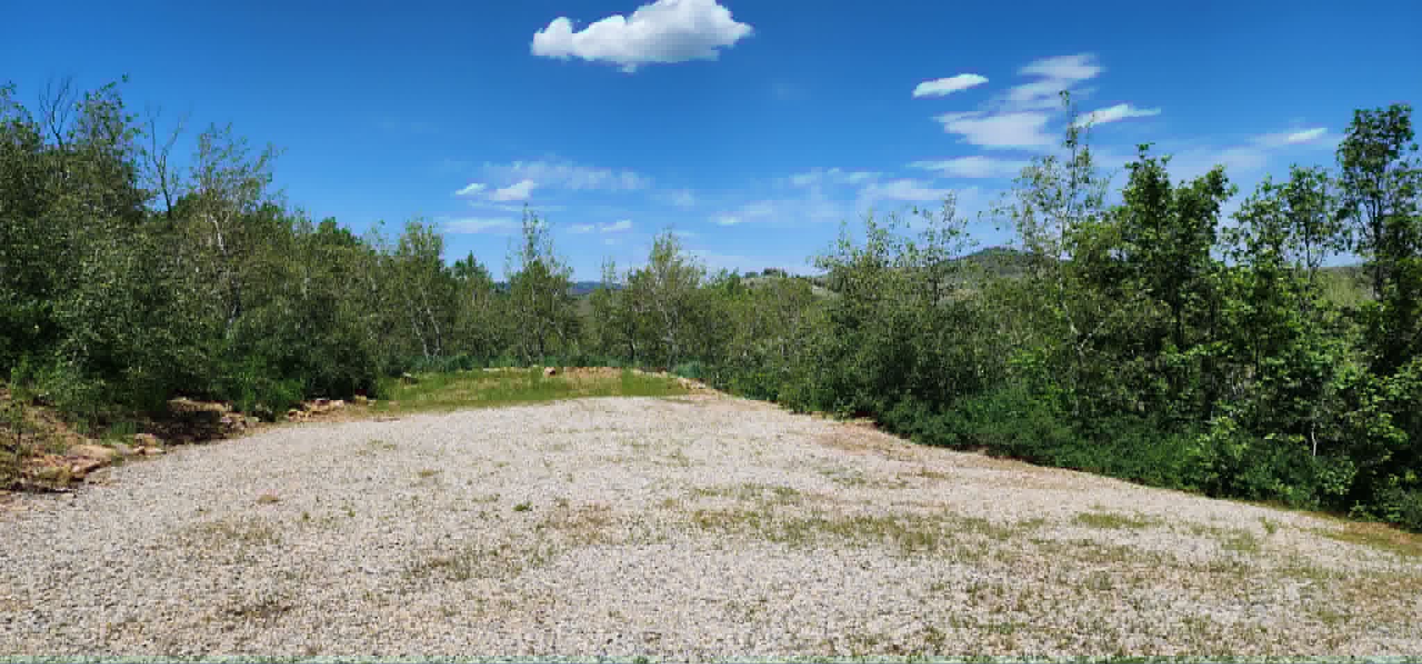 Expansive gravel area surrounded by mature trees and natural landscaping