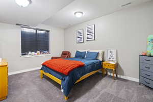 Bedroom with carpet flooring and baseboards