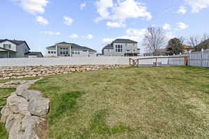 Fenced backyard featuring a residential view