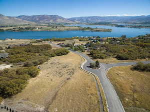 Aerial view of a water and mountain view