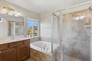 Bathroom featuring vanity, a shower stall, and a bath