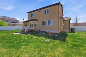 Back of house featuring a fenced backyard and stucco siding