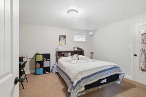 Bedroom featuring carpet floors and a textured ceiling