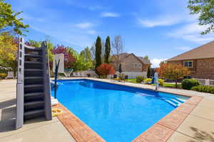 View of swimming pool featuring patio surround, a fenced backyard, and a residential view
