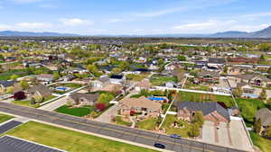Aerial perspective of suburban area featuring mountains