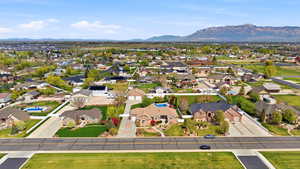 Aerial perspective of suburban area with mountains