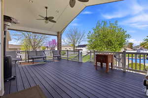 Deck featuring a ceiling fan and a residential view