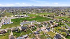 Aerial view of residential area with a mountain backdrop