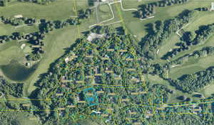Aerial map of property and surrounding area with property boundaries highlighted