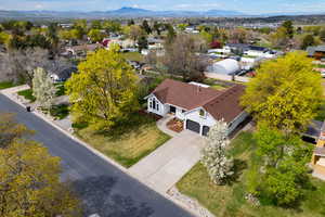 Aerial view of residential area with a mountain backdrop