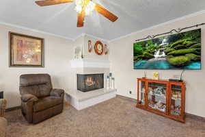 Living room featuring carpet floors, a ceiling fan, a premium fireplace, a textured ceiling, and crown molding