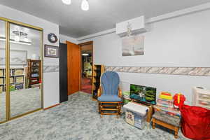 Sitting room featuring carpet and a textured ceiling