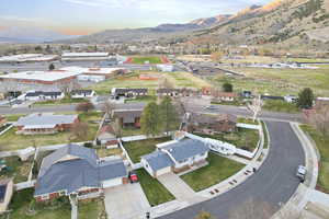 Aerial view of residential area with a mountainous background