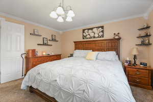 Carpeted bedroom featuring suspended lighting, crown molding, and a textured ceiling