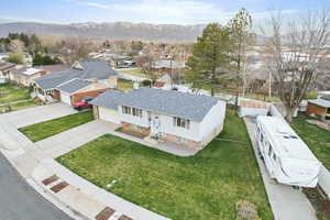 Aerial perspective of suburban area with mountains