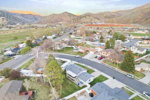 Aerial perspective of suburban area featuring mountains