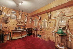 Miscellaneous room featuring dark carpet, a textured ceiling, and wood walls