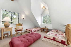 Bedroom featuring carpet floors and lofted ceiling