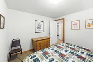 Bedroom featuring light colored carpet and baseboards