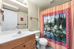 Full bath featuring vanity and a shower with curtain