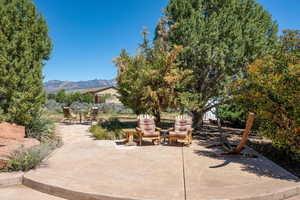View of patio featuring a mountain view