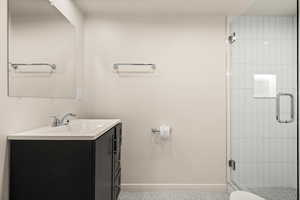 Full bath with vanity and a stall shower