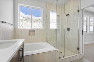 Bathroom featuring vanity, a stall shower, a garden tub, carpet flooring, and healthy amount of natural light