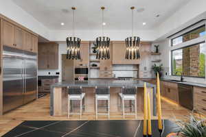 Kitchen featuring open shelves, stainless steel appliances, dark stone countertops, and a large island