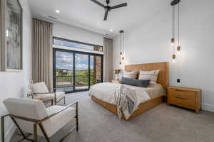 Carpeted bedroom featuring a high ceiling, access to outside, ceiling fan, and recessed lighting