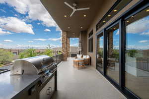 Balcony with grilling area and ceiling fan