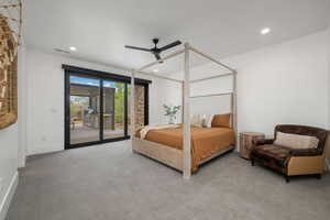 Bedroom featuring light carpet, access to exterior, ceiling fan, and recessed lighting
